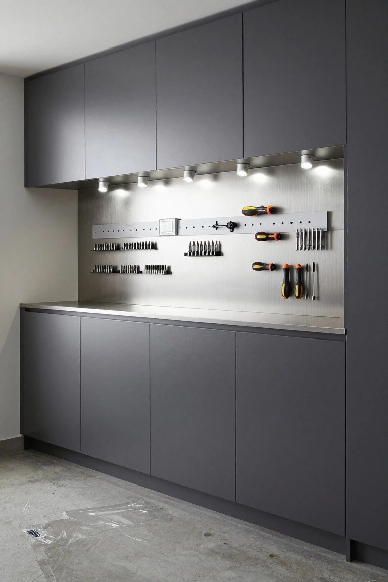 Garage workbench area with under-cabinet LED lights illuminating gray cabinets and organized tools on magnetic strips