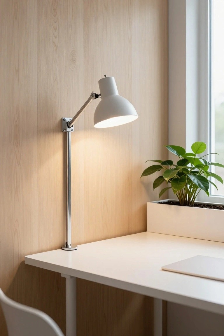 White adjustable wall lamp mounted above a light wood desk with a plant on the windowsill