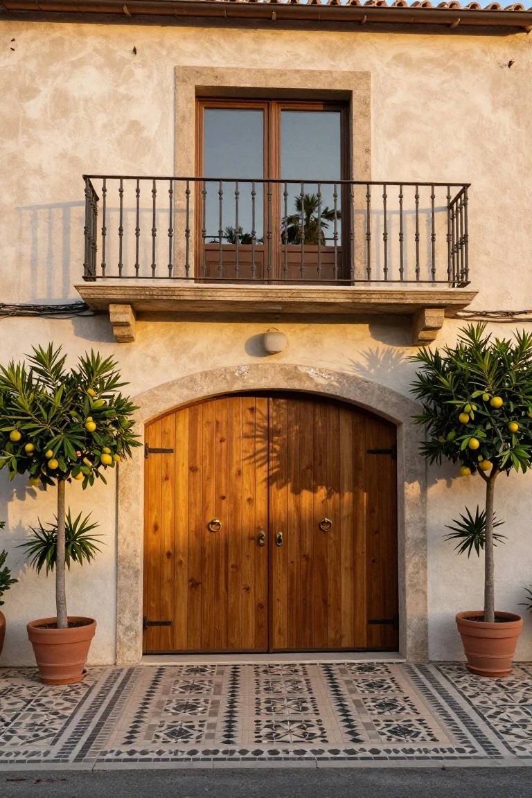 Light stucco house exterior with large arched wooden double garage doors, flanked by potted orange trees and fan palms in terracotta pots, iron balcony above, and mosaic tile pathway leading up.