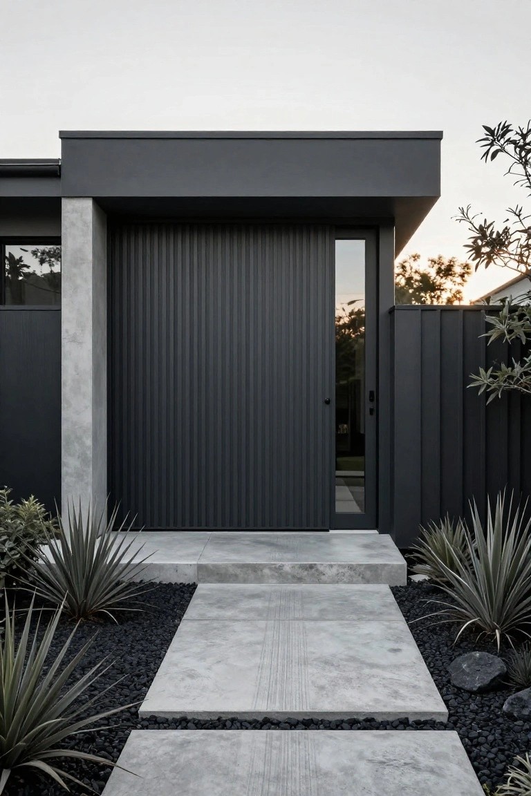 Modern home exterior with tall black vertically ribbed garage door next to a narrow glass panel, flanked by concrete pillars, concrete steps and pathway with agave plants and black pebbles on sides.