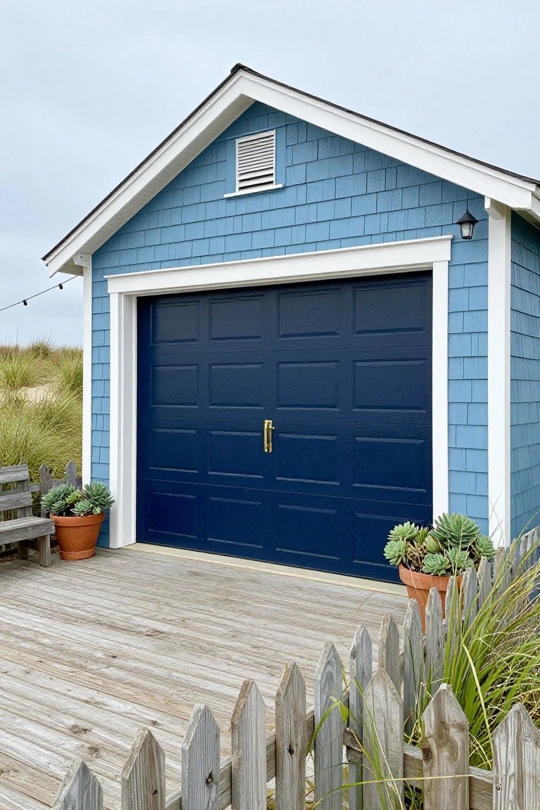 Light blue shingle-style detached garage with large navy blue double door and white trim, on a wooden deck amid beach dunes and potted plants.