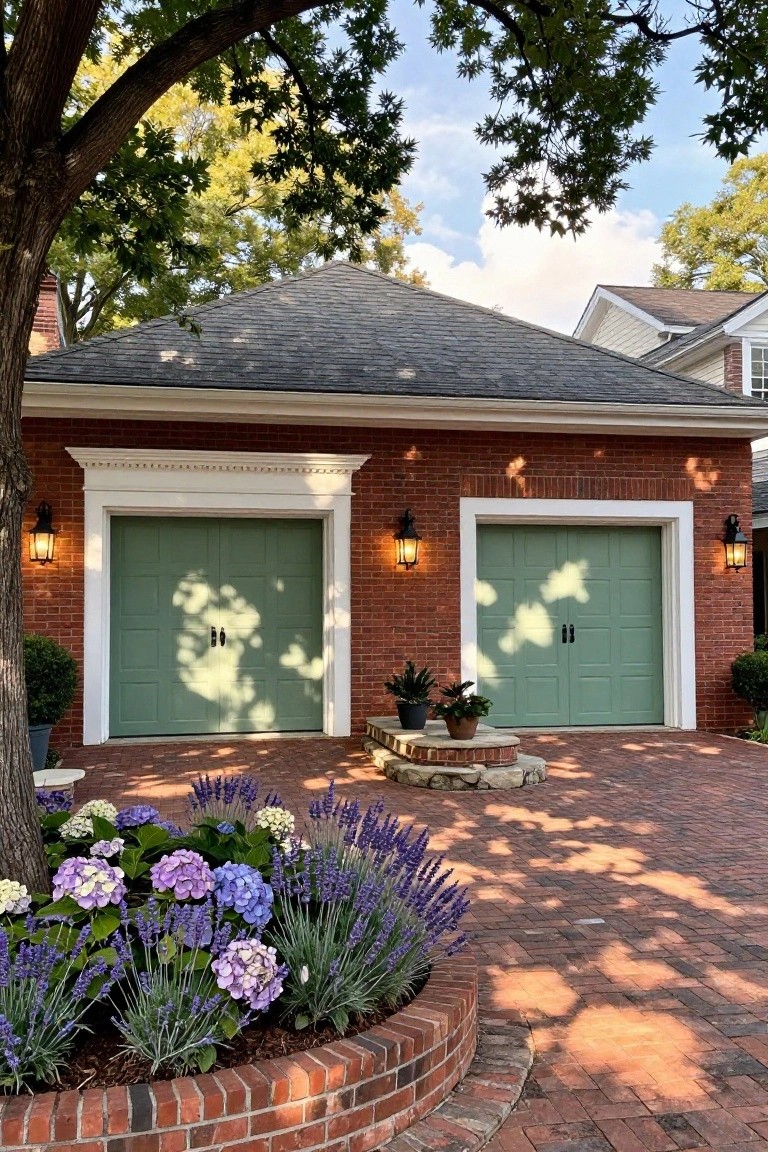 Red brick detached garage with two light green double doors, white trim above, lanterns mounted on brick pillars beside doors, brick paver driveway with hydrangeas, lavender, and agave plants in front, large tree overhead and partly cloudy sky.
