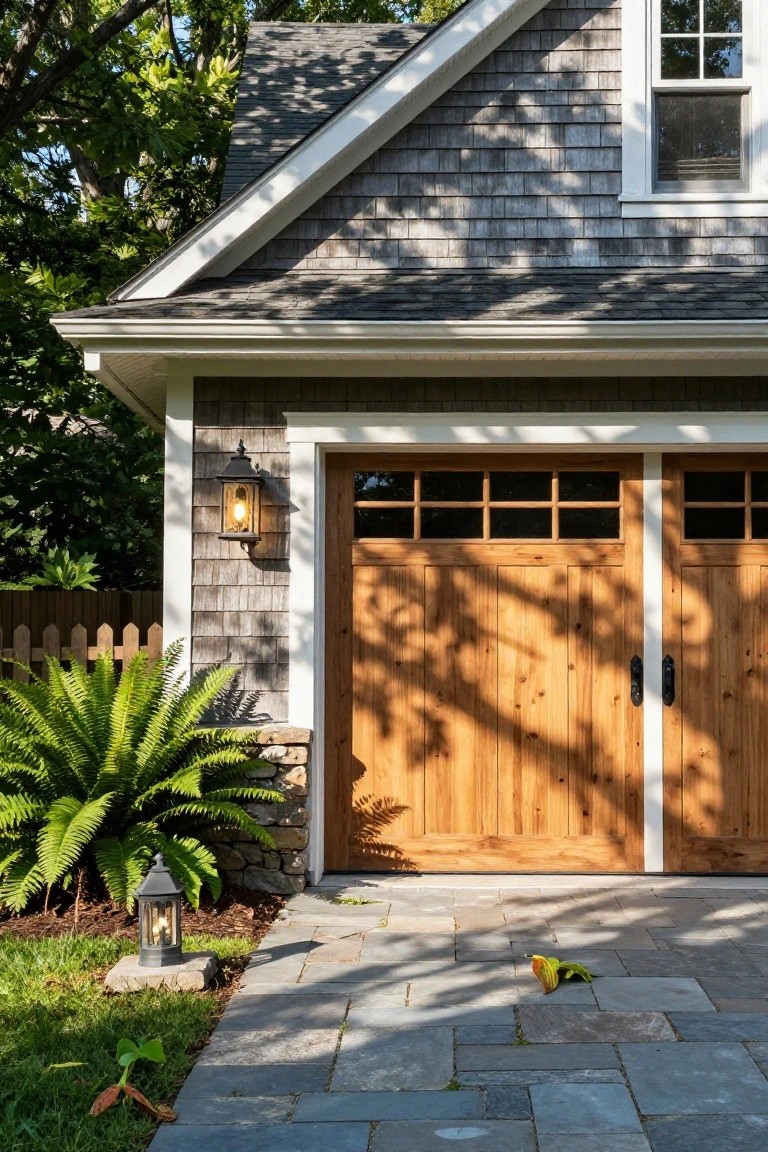 Gray shingle siding on a house with double cedar wood garage doors having window grids, white trim, stone base, wall lantern, ferns, and bluestone paver driveway.