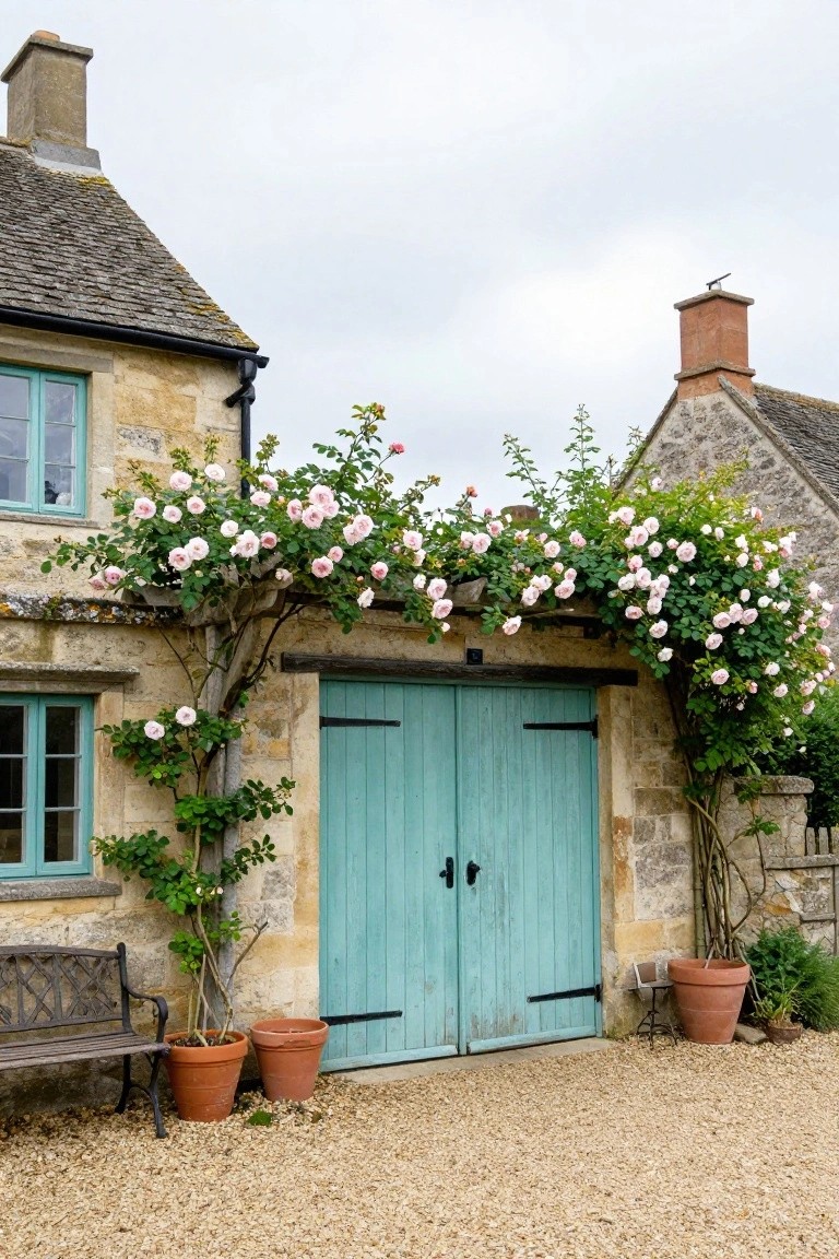Stone cottage with turquoise doors and pink climbing roses.