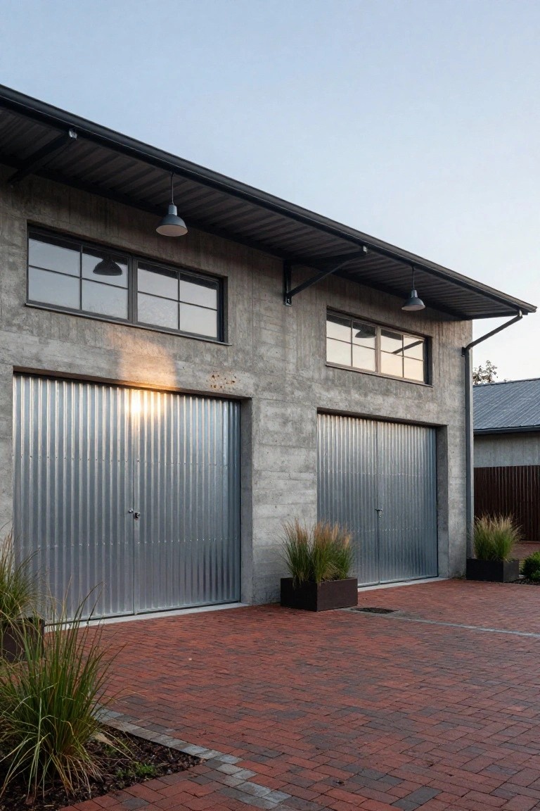 Gray concrete block garage building with two tall corrugated silver metal doors, large black-framed windows, pendant lights hanging from a black metal overhang, potted ornamental grasses, and brick pavement in front.