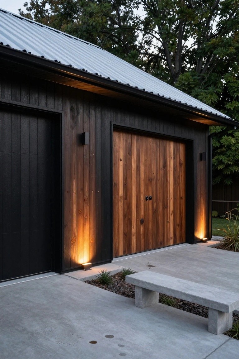 Black vertical-sided garage building with large central wooden double garage door, metal roof, ground uplights, concrete apron, stone bench, plants, and trees at dusk.
