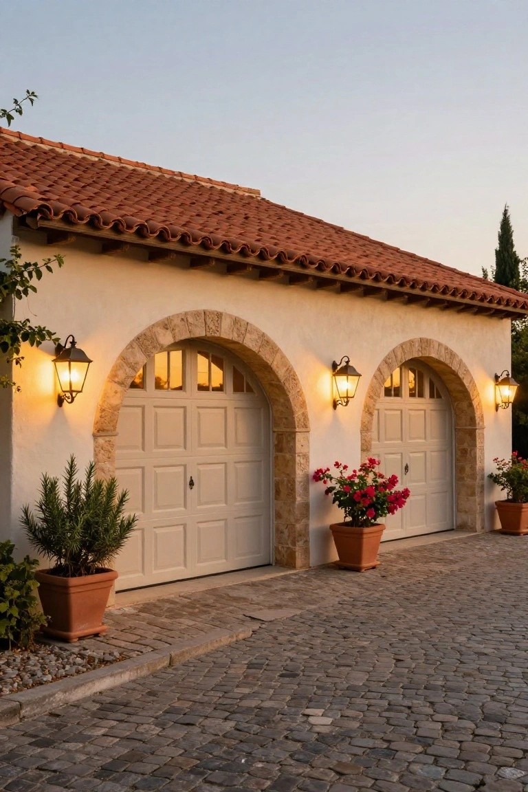 Beige stucco two-car garage with cream-colored doors under arched stone frames, flanked by wall lanterns and terracotta pots with plants, red tile roof, and cobblestone driveway at dusk.