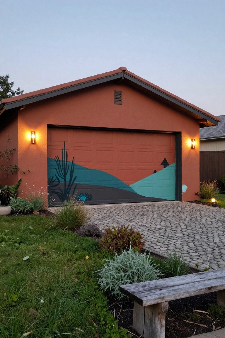 Detached terracotta garage with a painted desert landscape mural on the closed garage door featuring cacti, wavy hills, and mountains in teal, green, and blue tones, lit by wall sconces, with gravel driveway, desert plants, and a wooden bench nearby.