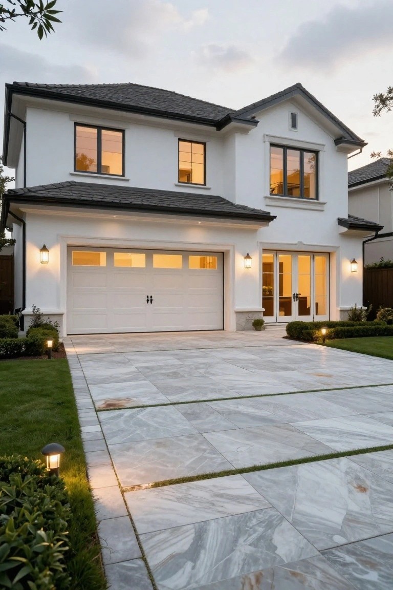 White modern two-story house with attached garage, white paneled garage door, large light gray veined paver driveway, post lights, shrubs, and grass lawn at dusk.
