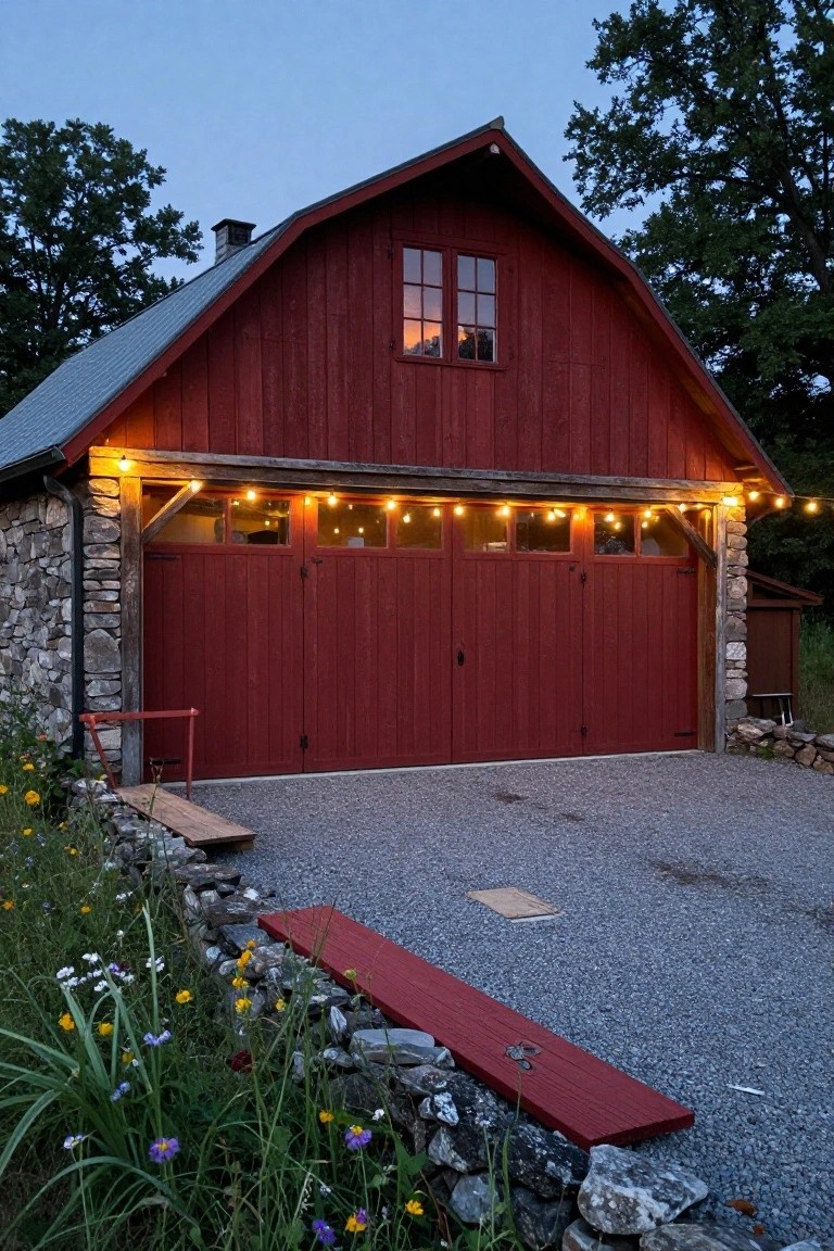 Red wooden barn-style garage with gambrel roof and stone foundation, featuring large paneled garage doors with windows, string lights draped across the front overhang, gravel driveway, and wildflower borders amid rocks and trees at dusk.