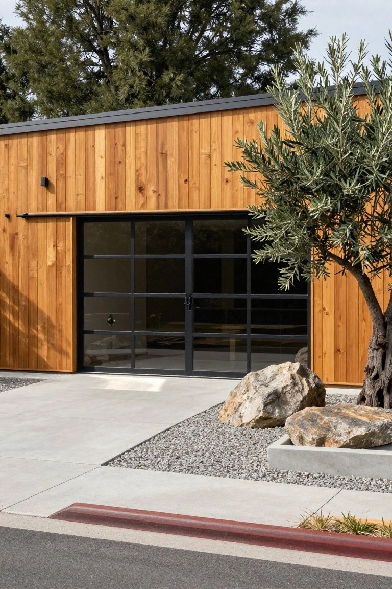 Modern wooden building with black glass doors and large rocks.