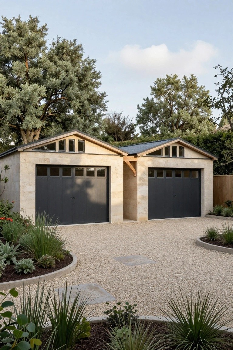 Pair of garages with light beige stone walls, dark paneled doors, gabled roofs featuring clerestory windows, positioned on a curved gravel driveway edged by grasses and succulents with trees in the background.