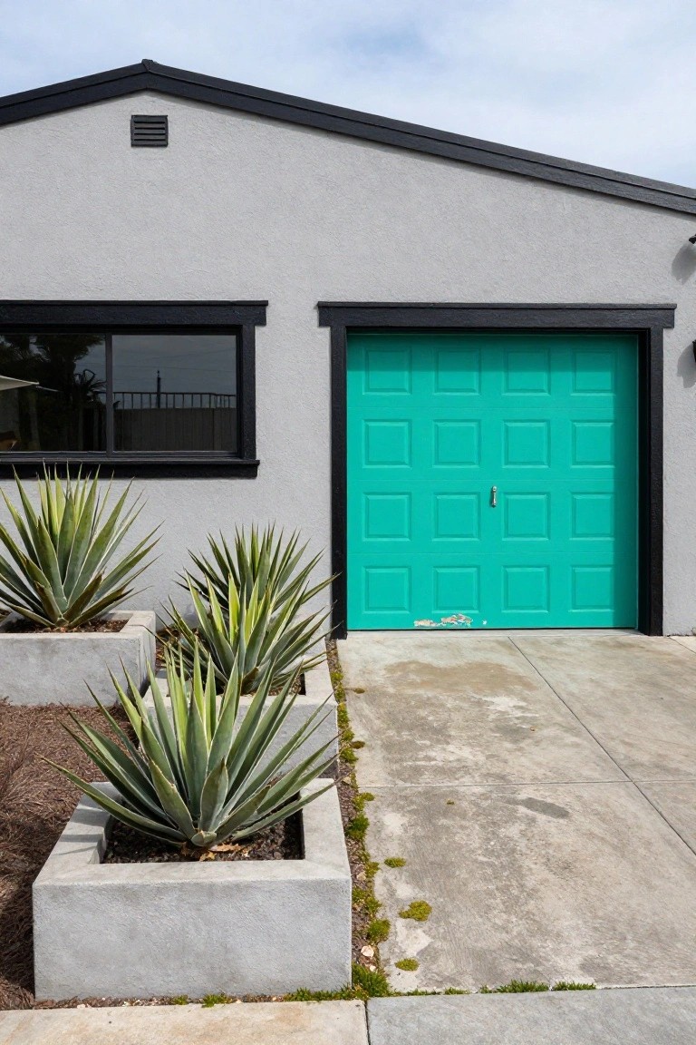 Gray stucco garage building with teal paneled door, black trim on windows and door frame, and agave plants in concrete planters beside concrete driveway.