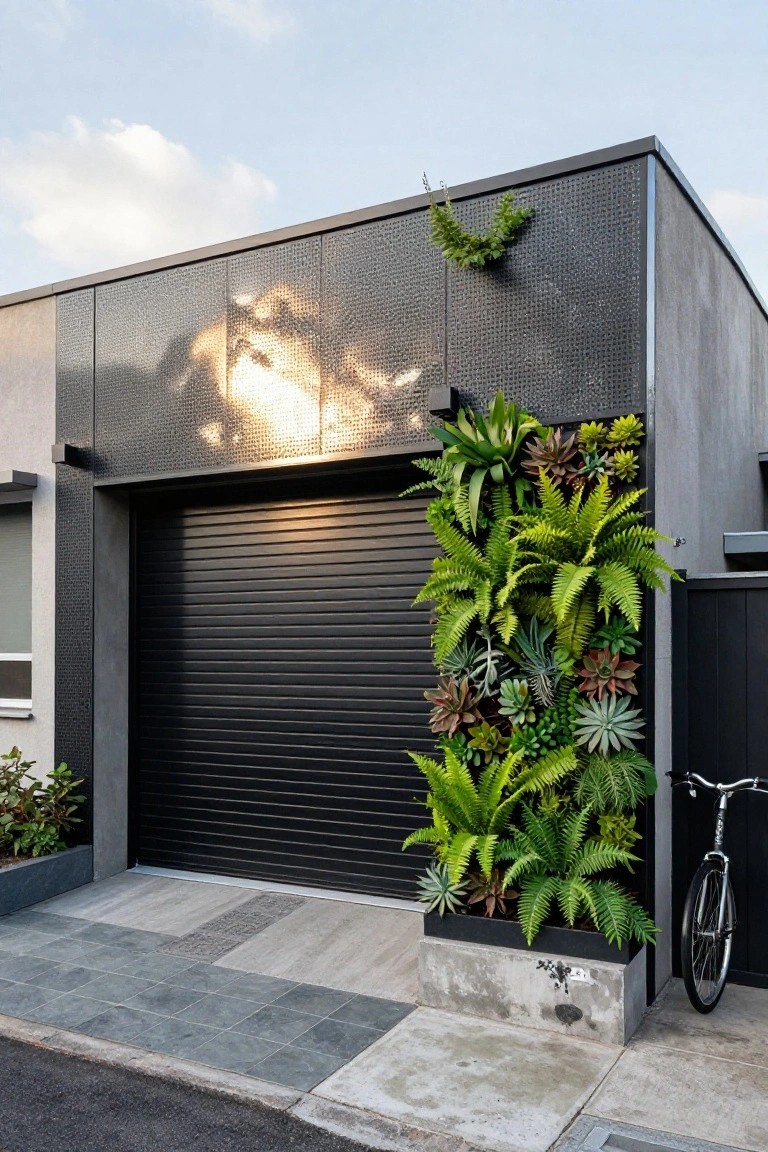 Modern garage with black roller door, dark textured panels on the facade, and a vertical wall of green ferns and succulents beside it, plus a parked bicycle on a concrete path.