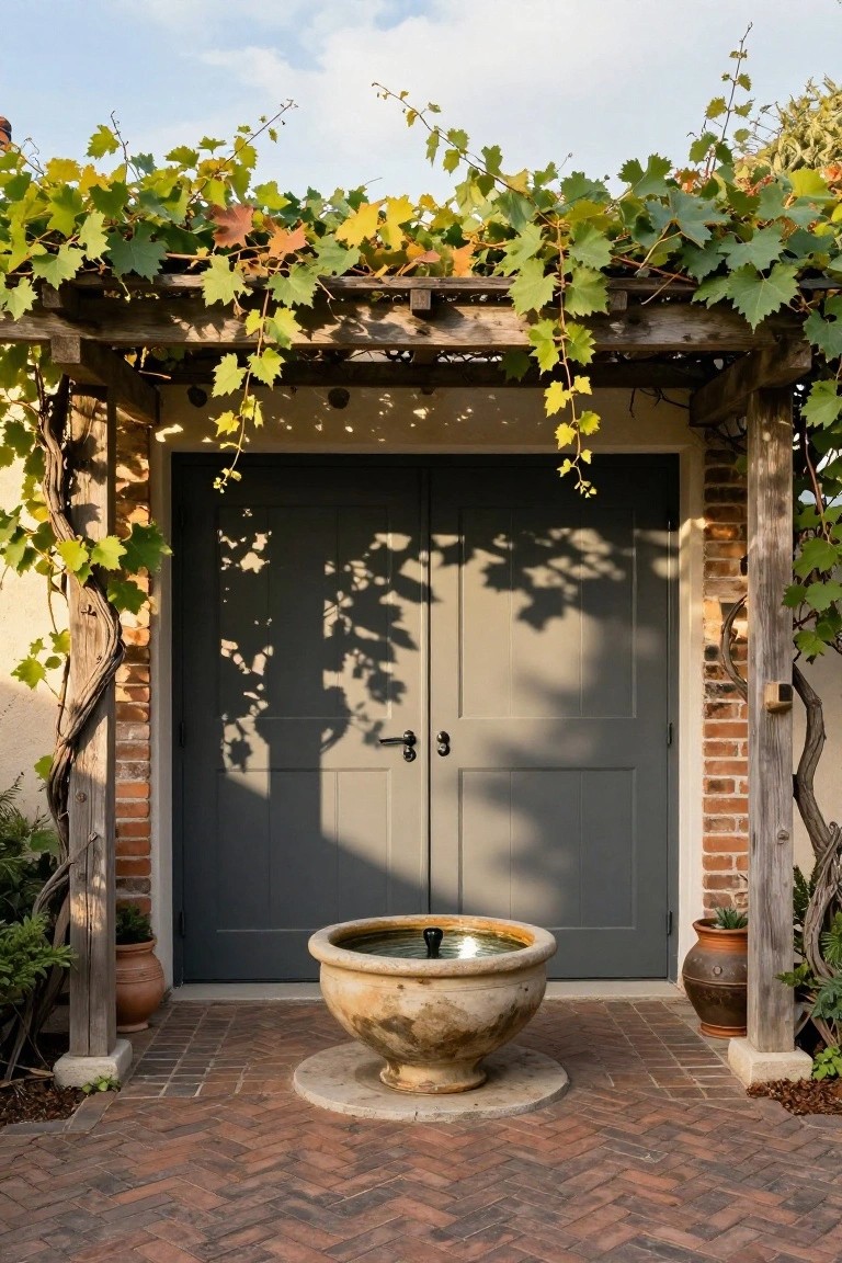 Wooden pergola covered in green and yellow grapevines above dark gray double doors in a brick wall, with a large stone basin fountain centered on a herringbone brick pathway.