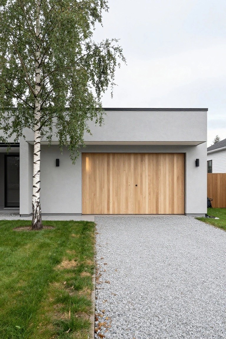 Modern house with gray siding and overhanging roof above a flush wooden garage door, birch trees to the side, gravel driveway, and grass lawn.