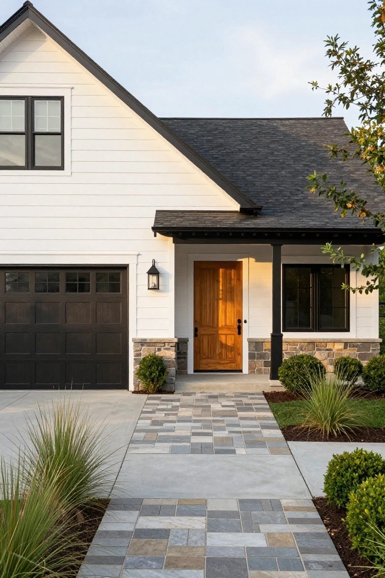 Modern white house with dark trim, wooden door, and stone accents.