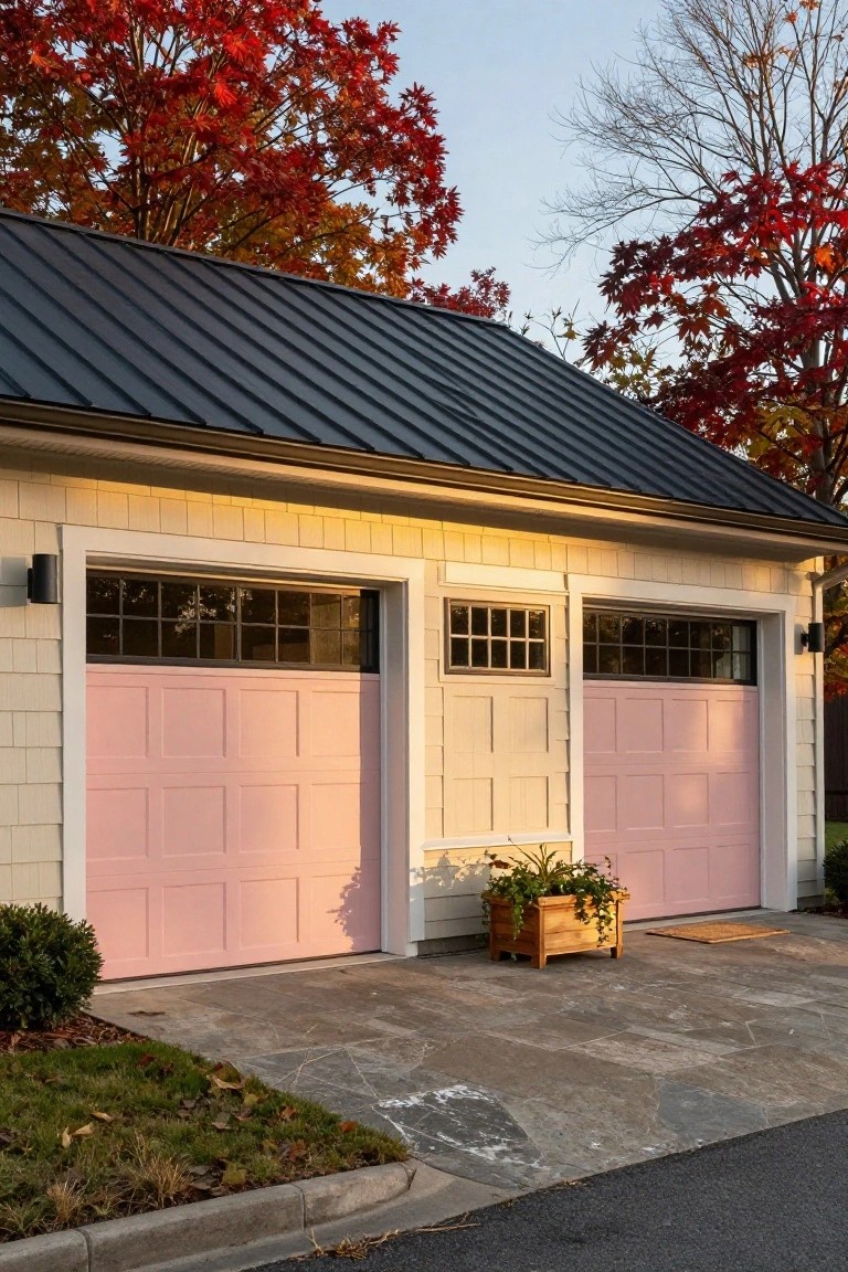 Modern detached garage with blush pink doors, creamy siding, black metal roof, and potted plants on a stone driveway amid fall trees
