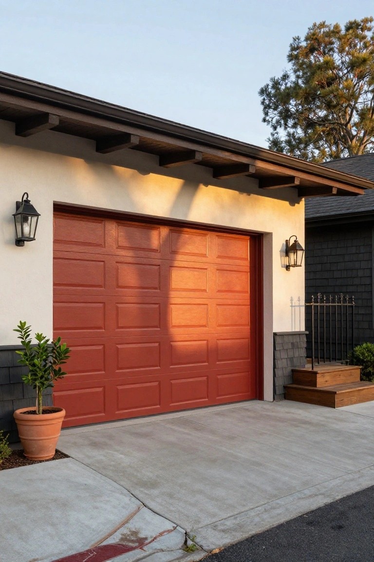 Modern garage with vibrant red door against white stucco siding, black trim accents, and lanterns