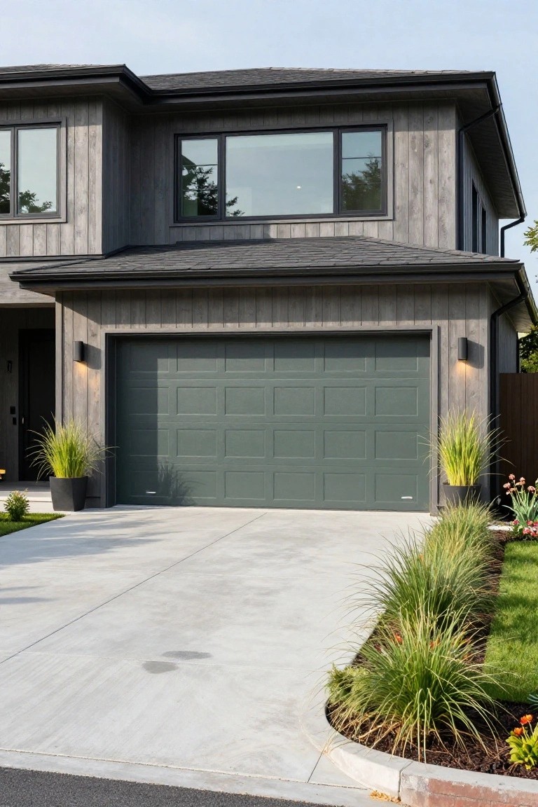 Modern two-story home exterior with deep green garage door, gray wood siding, and landscaped driveway