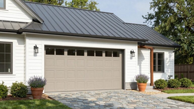 Garage door in soft warm greige on a white shiplap house with black roof and shutters, flanked by potted lavender plants