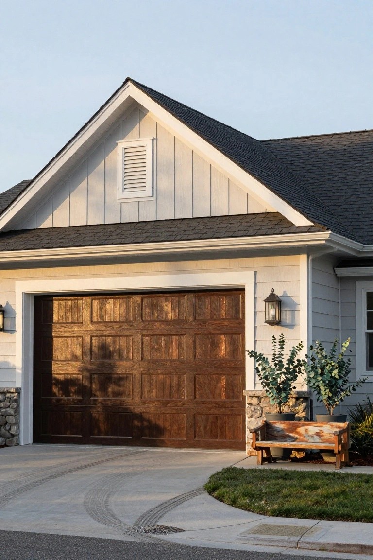 Modern home exterior with soft greige siding, dark wood garage door, white trim, and potted eucalyptus near the driveway