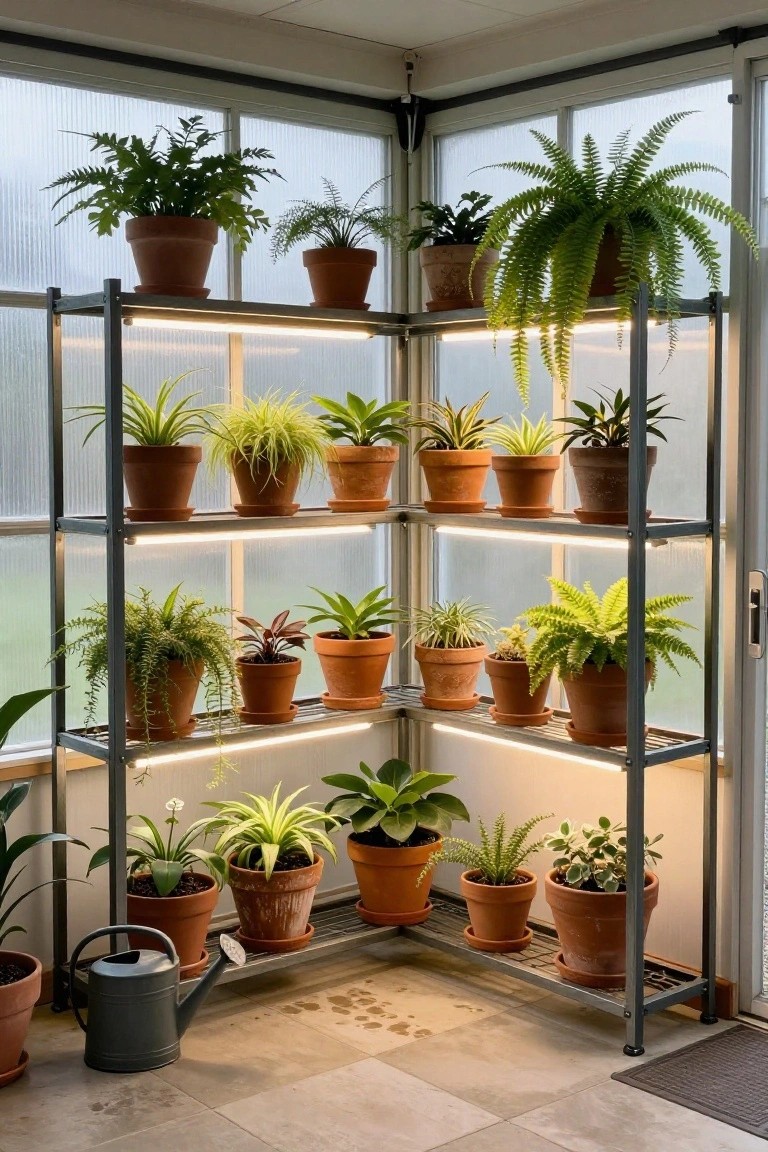 L-shaped metal shelving unit with terracotta pots of green plants under lights.