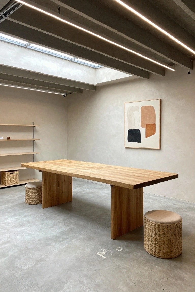 Modern garage workspace with linear LED lights in wooden ceiling beams, skylight, long oak table, rattan stools, shelves, and abstract wall art on polished concrete floor