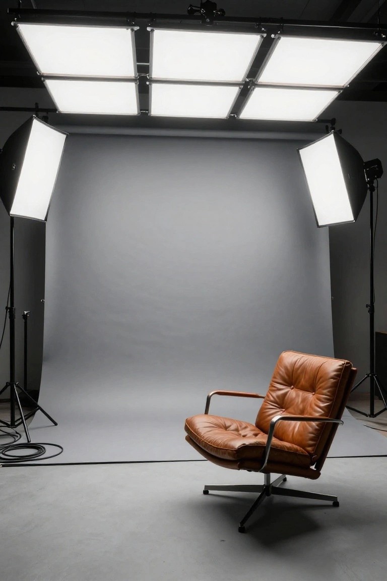 Garage studio setup with grid of large overhead softbox lights illuminating gray backdrop and orange leather chair