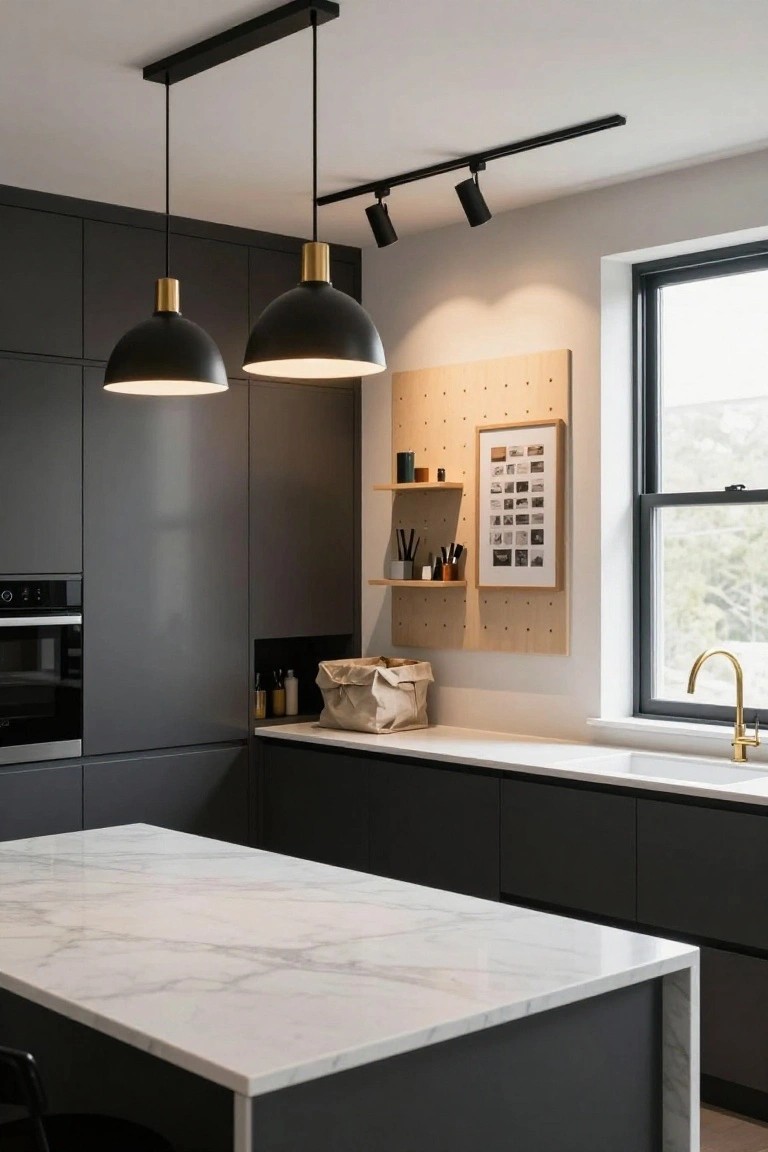 Modern kitchen featuring matte black cabinets, white marble island with two black pendant lights overhead, ceiling track lighting, and brass faucet details