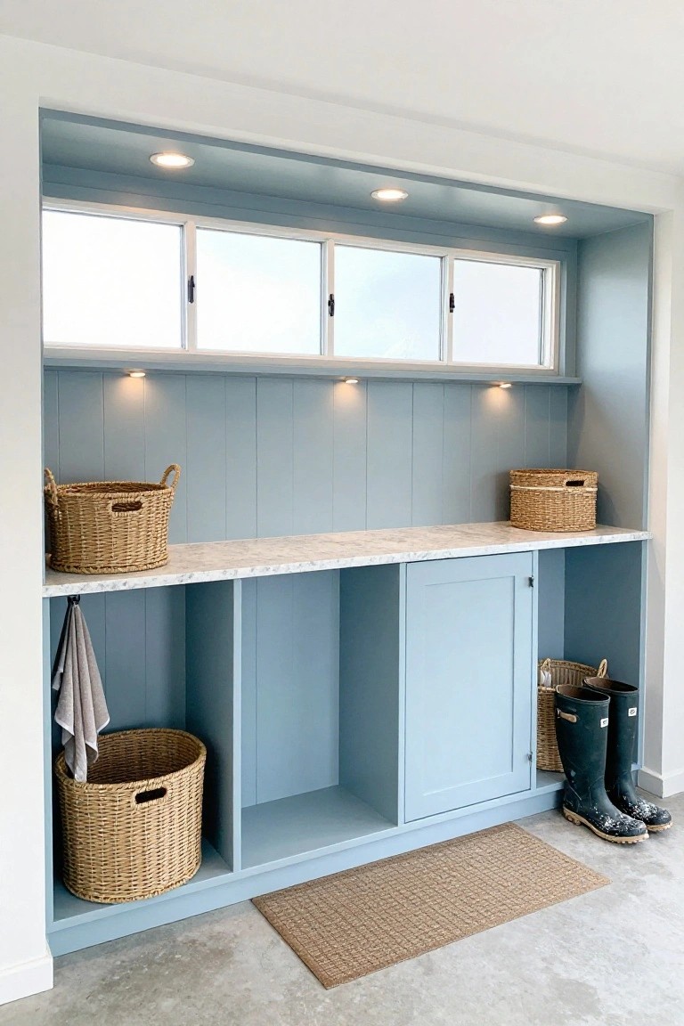 Blue built-in garage storage niche with recessed ceiling lights, wicker baskets, and rubber boots