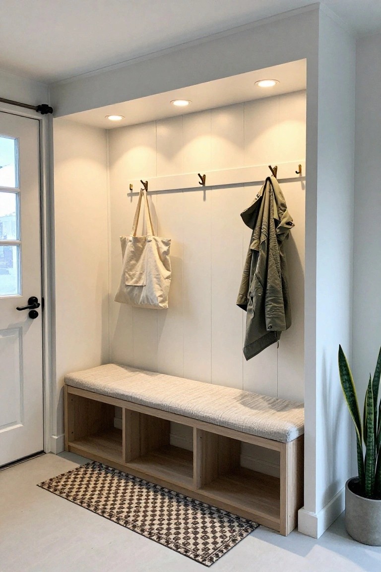 Clean white mudroom with recessed ceiling lights over wood bench, storage cubbies, and coat hooks holding a jacket and tote bag
