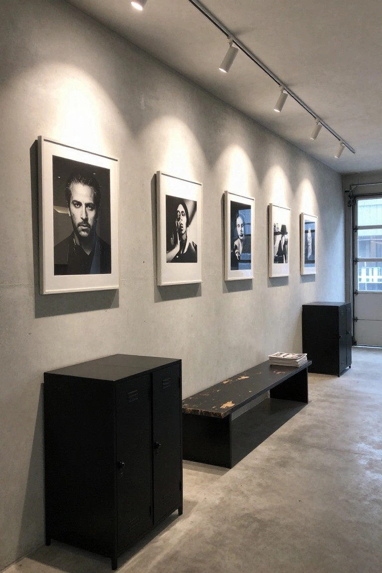 Track lighting illuminating a row of black and white framed portraits on a concrete garage wall next to black metal lockers