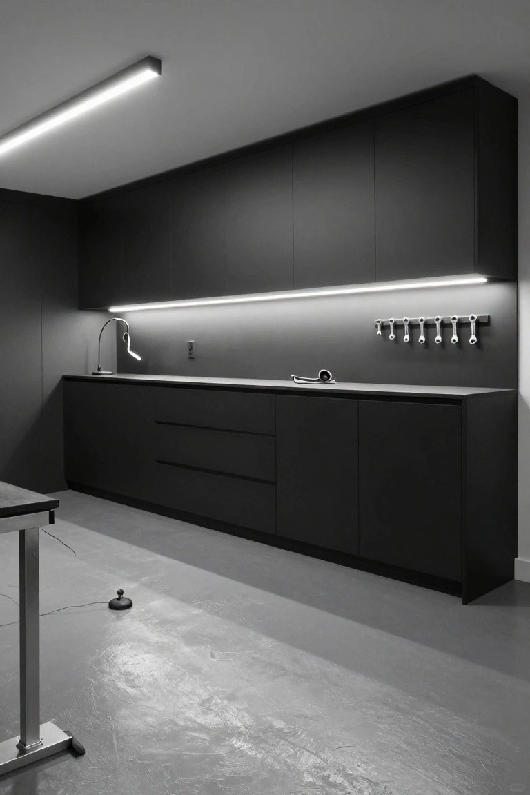 Sleek black cabinets in a modern garage kitchen with continuous under-cabinet LED strip lighting