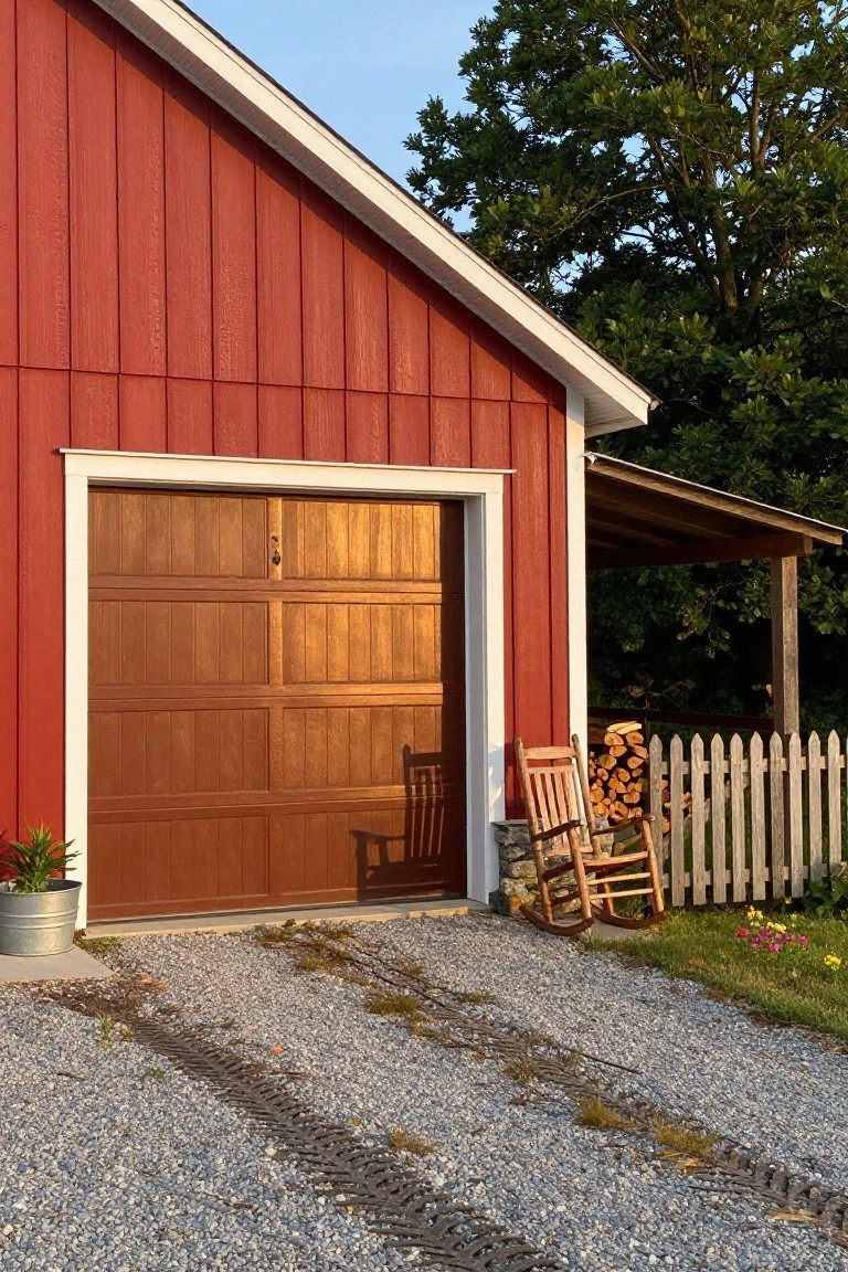 Red barn-style garage with bronze wood door, white trim, stacked firewood, rocking chairs, potted plant, and gravel driveway edged by white picket fence