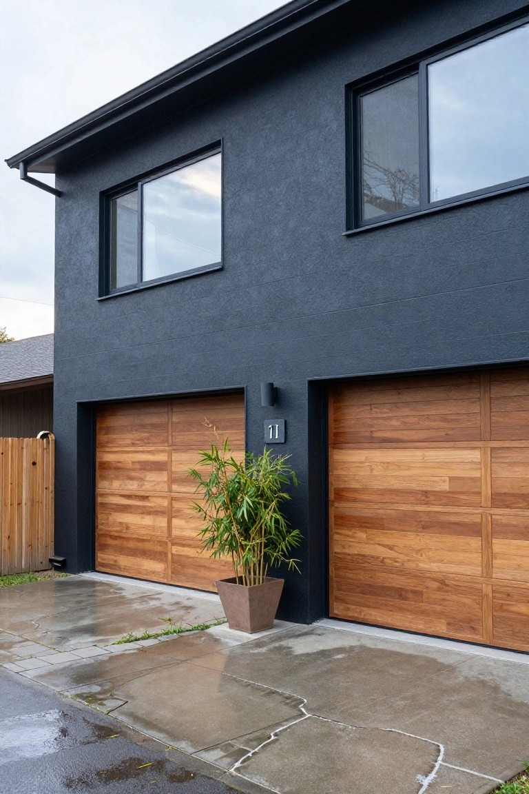 Modern two-car garage with deep charcoal gray walls framing warm wooden doors and a potted bamboo plant
