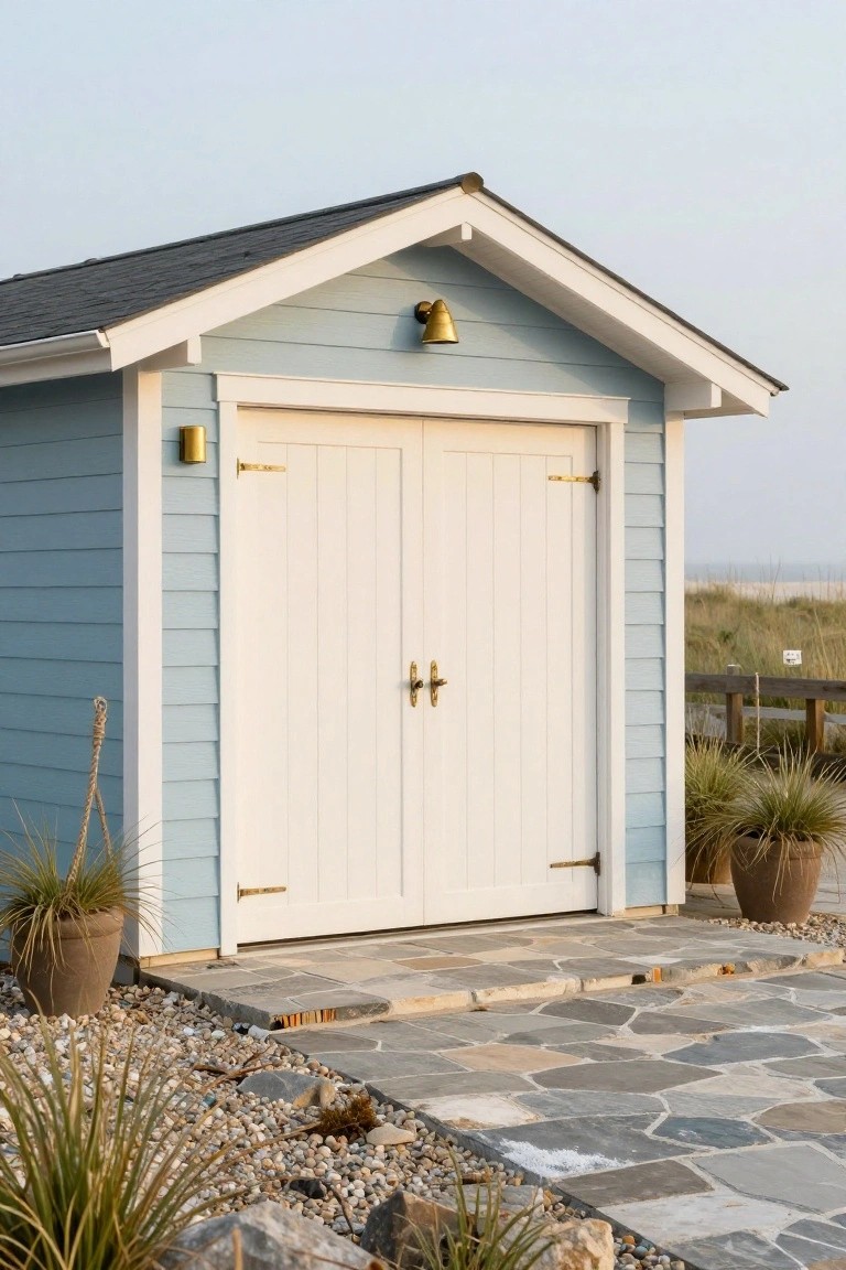 Light blue clapboard garage with white double doors and brass hardware on a stone path edged by grasses