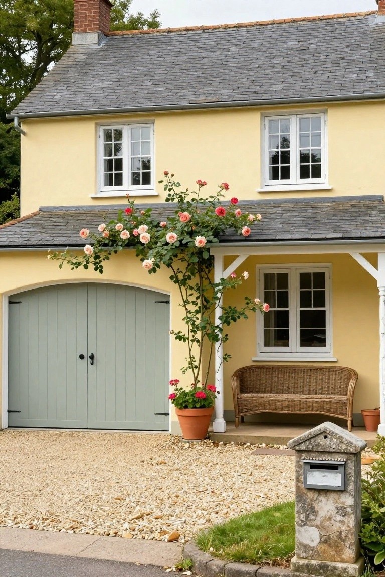 Pale yellow cottage house with green garage doors, climbing roses, and a gravel driveway