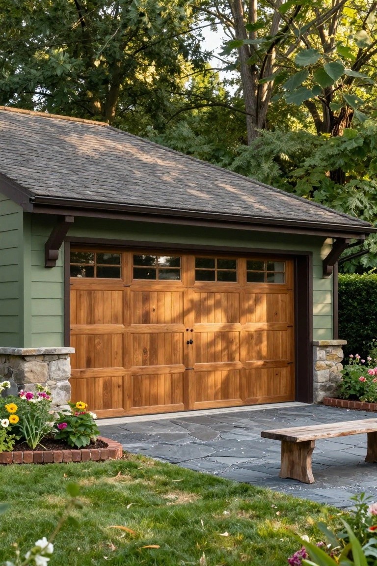 Muted sage green painted garage with cedar wood door, stone base, and garden plantings