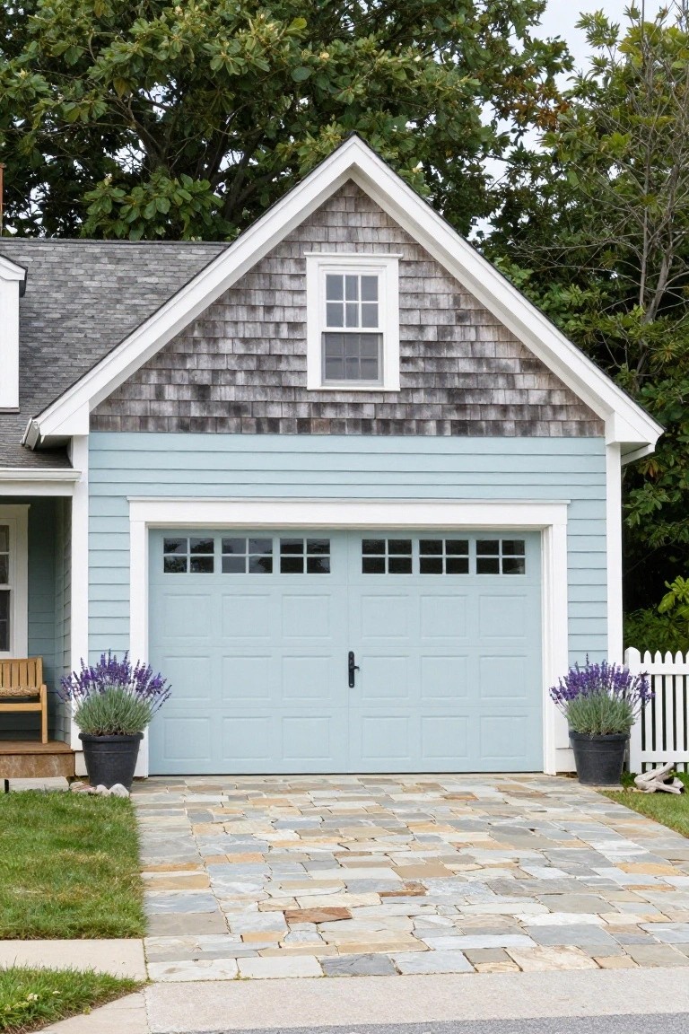 Pale blue garage door and siding with white trim, flanked by lavender plants and a stone paver driveway