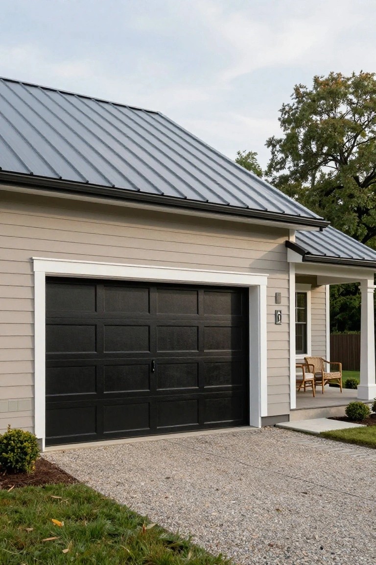 Garage exterior with soft greige siding, black paneled door, white trim, and gravel driveway