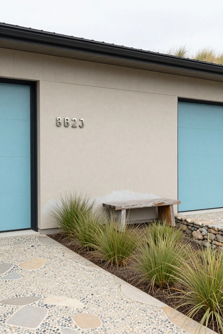 Modern house facade with blue doors, house number, wooden bench, and ornamental grasses.