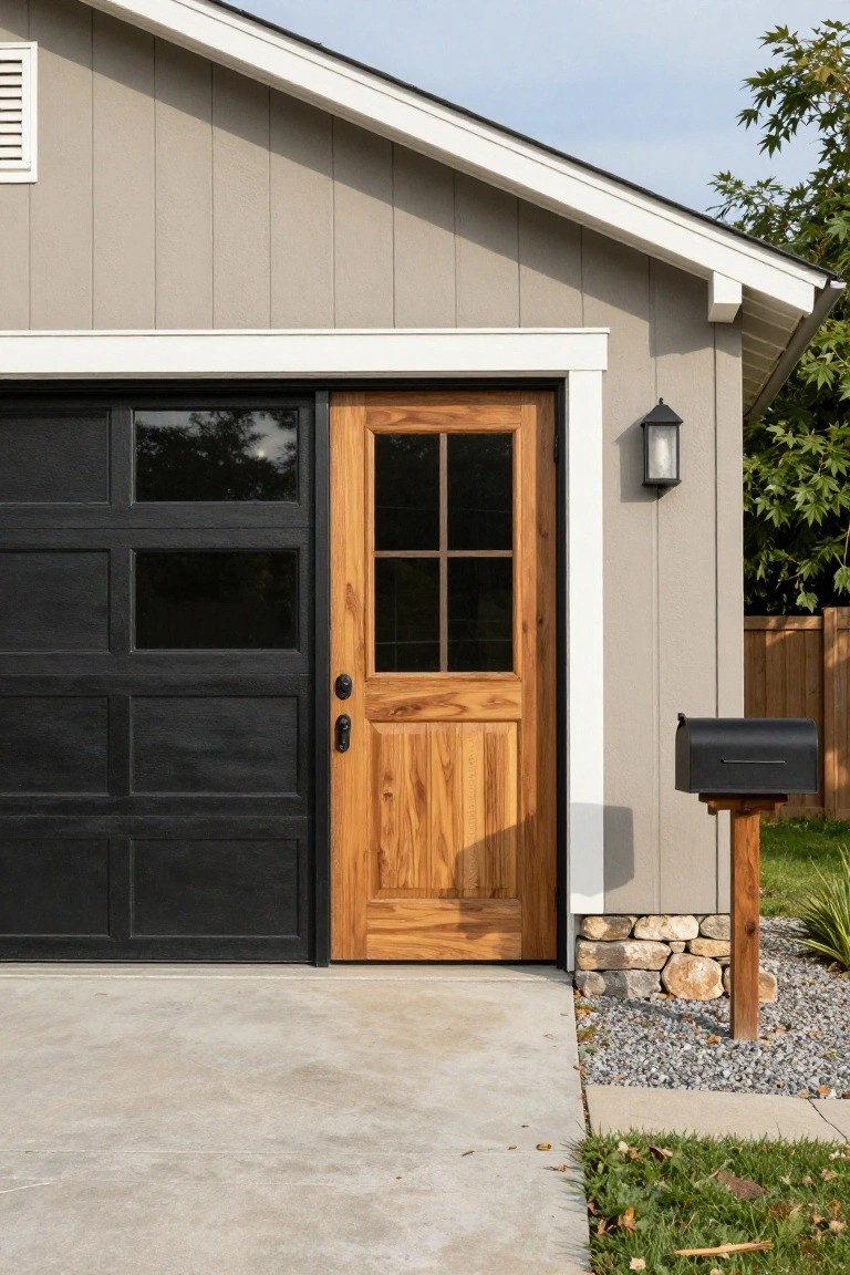 Garage exterior with soft greige siding, black garage door, and warm wood entry door under natural light