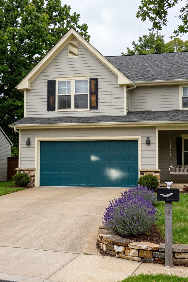 Gray house exterior with turquoise garage door, neutral siding, stone wall accents, and purple lavender plants