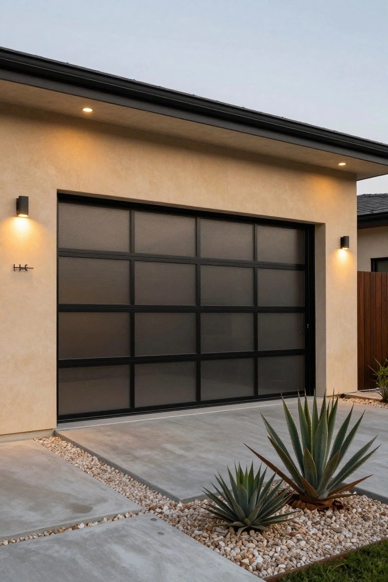 Warm beige stucco garage walls with black framed glass door and dusk lighting