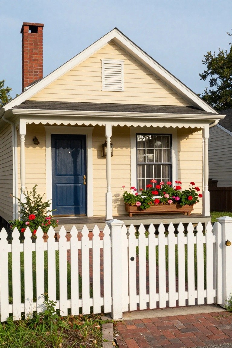 Small cottage-style house with warm pale beige siding, white trim, blue front door, red geraniums in window boxes, and a white picket fence