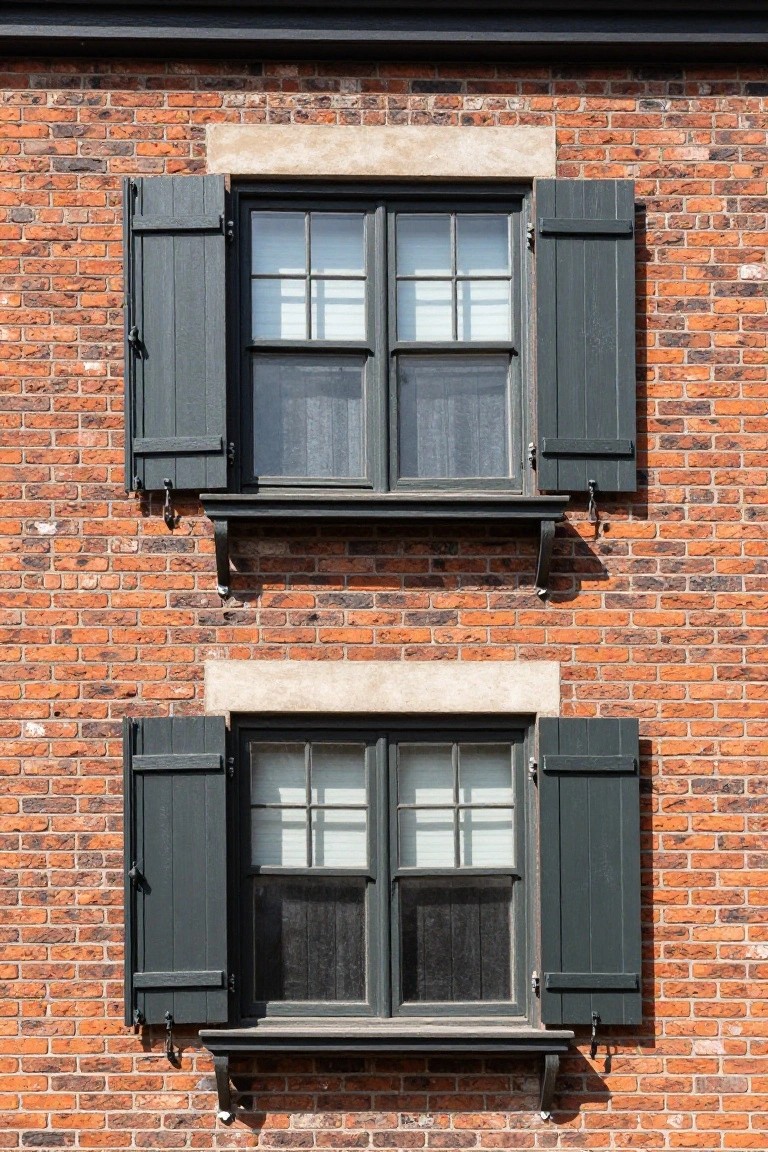 Red brick facade with pairs of white-framed double-hung windows flanked by open dark green shutters