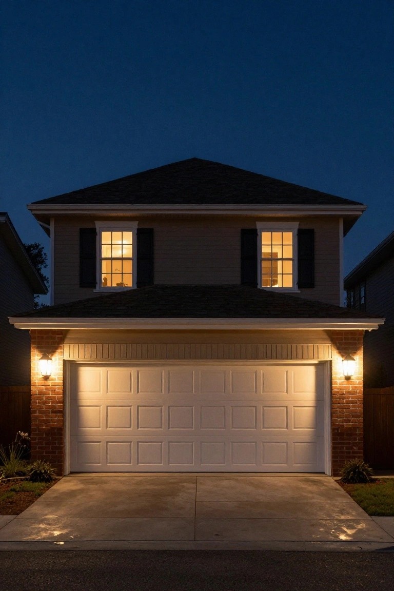 White garage door on brick-accented house lit by wall sconces on flanking pillars at night
