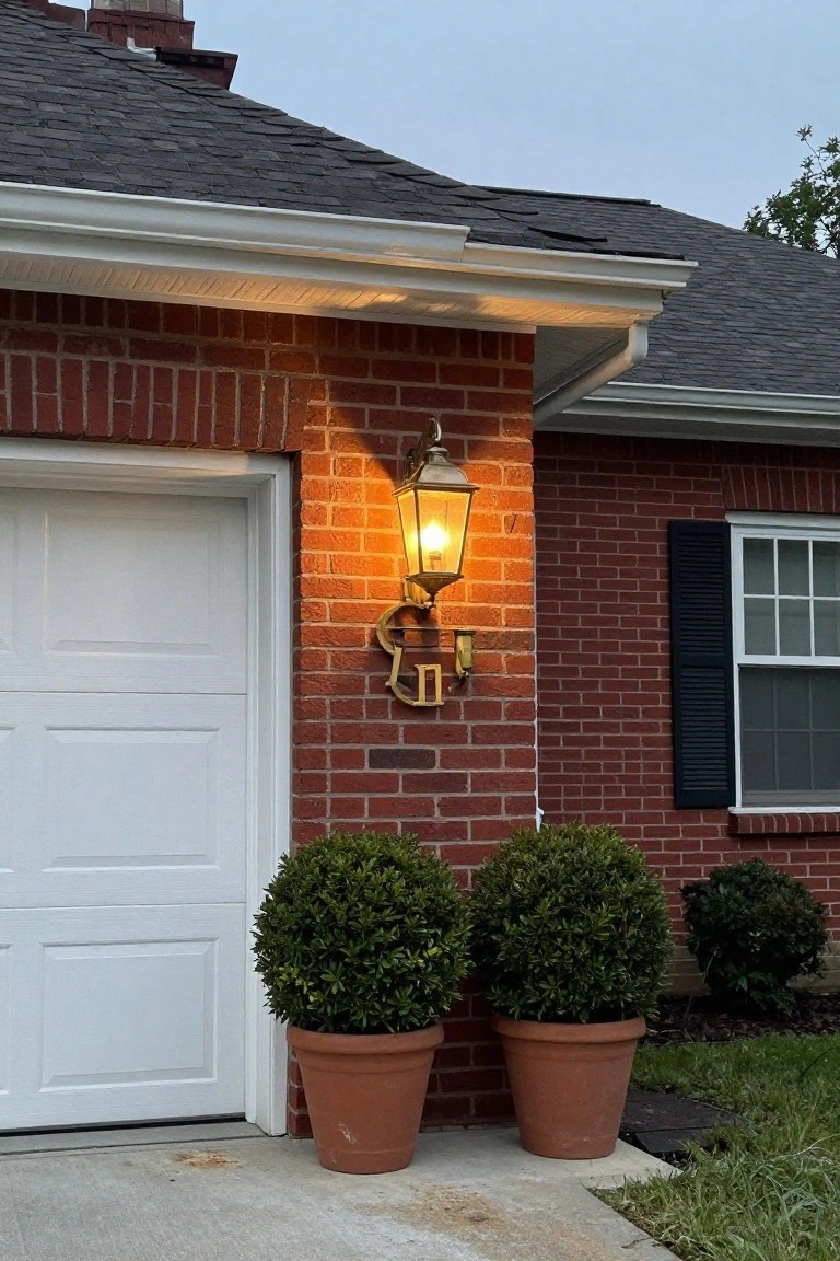 Brick garage wall with mounted black lantern light, white garage door, and potted shrubs