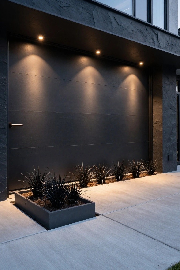 Dark modern garage door lit by three recessed downlights from above, black plants along the edge
